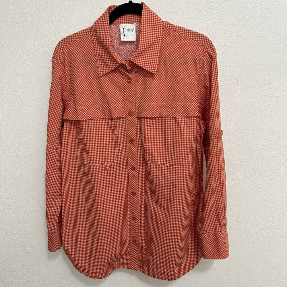 Finley Orange Fishing Shirt Button Down Gingham Check Roll Tab‎ Sleeves Size M